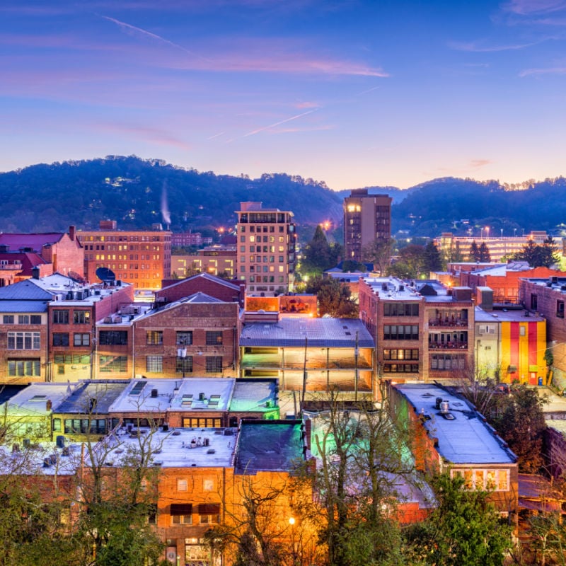 aerial view of asheville in north carolina at dusk