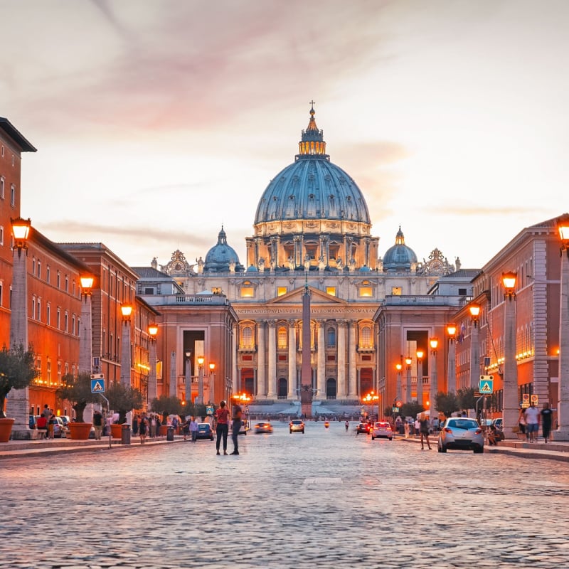 Illuminated Saint Peter`s Basilica and Street Via della Conciliazione, Rome, Italy