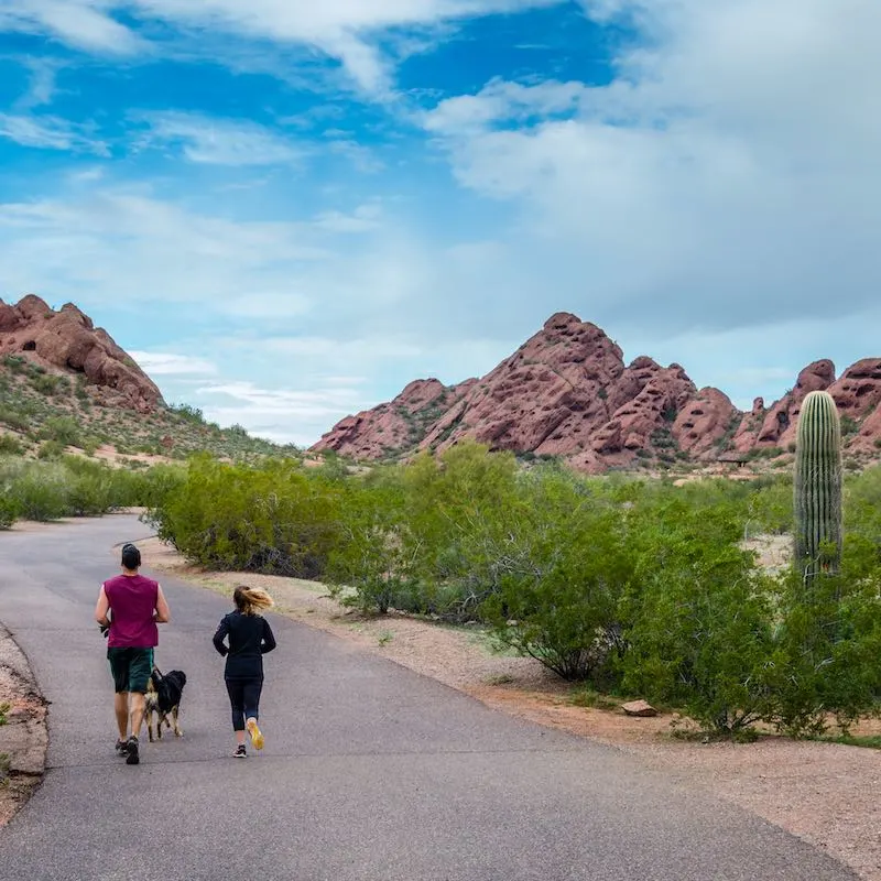 a couple and a dog jogging along the path