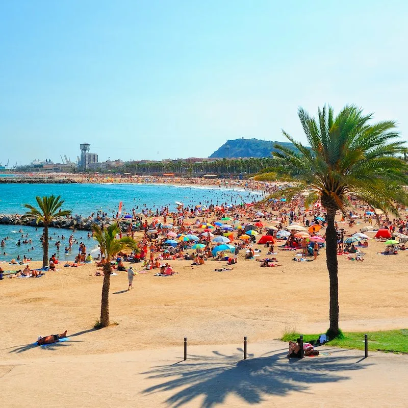 Tourists and view of Barcelona beach on a summer day