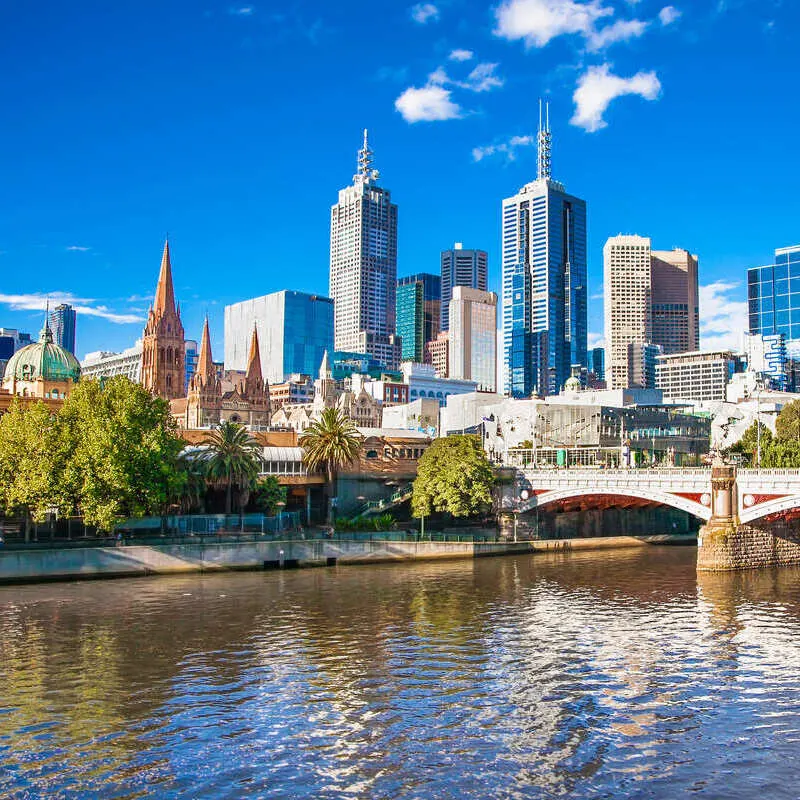Melbourne Skyline Looking Into Flinders Street and A Modern District Filled With Skyscrapers, Melbourne, Australia