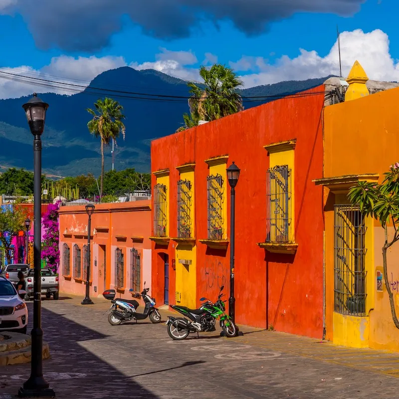 Oaxaca, Mexico - November 7, 2021 - a street with beautiful colorful colonial houses in the centro historico