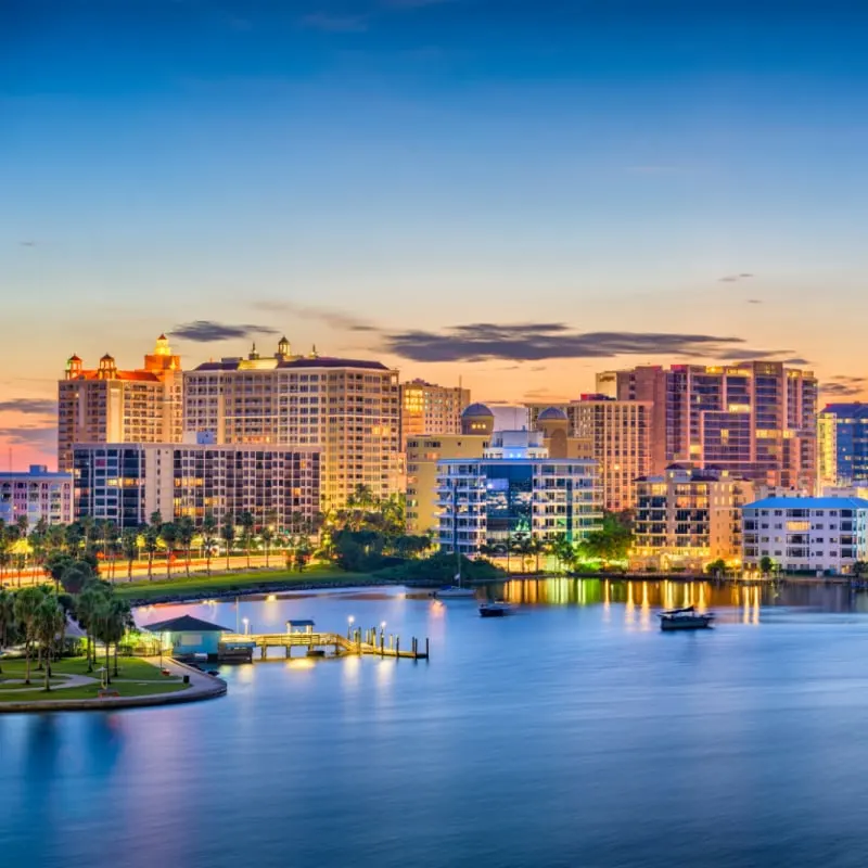 sunset of sarasota sky line gulf coast of florida